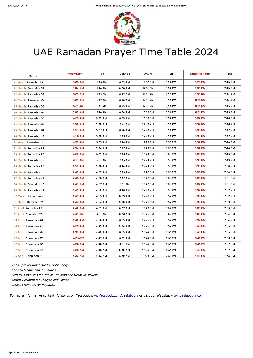 UAE Ramadan Time Table 2024 Suhoor and Iftar Calendar UAE Labours